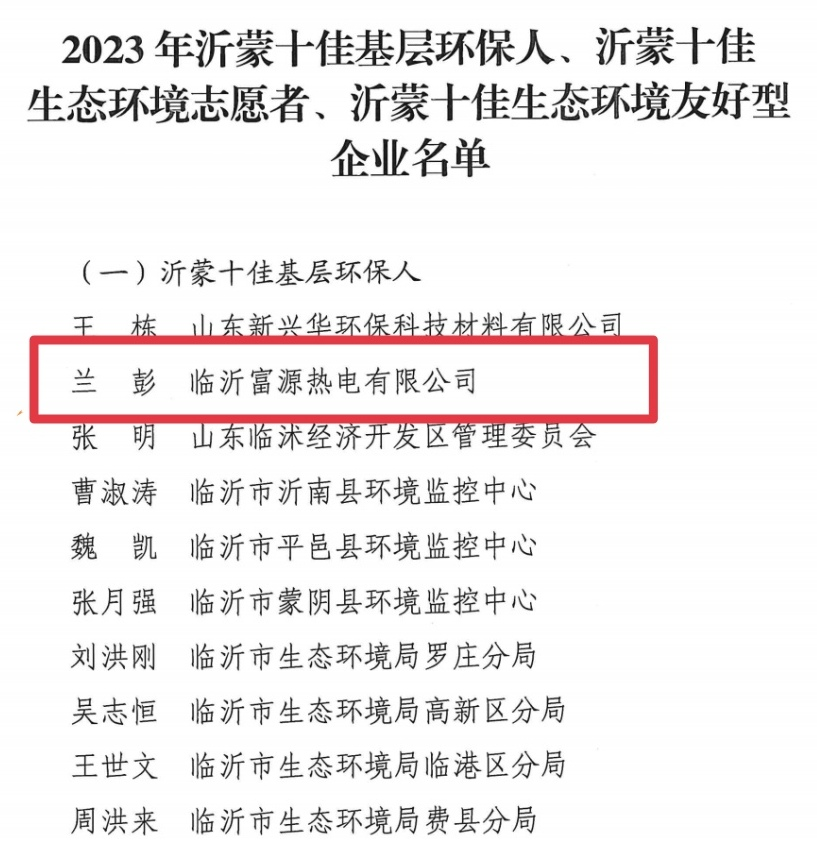 喜訊！臨沂恒源熱力集團(tuán)富源熱電公司職工蘭彭獲得臨沂市生態(tài)環(huán)境局“沂蒙十佳基層環(huán)保人”榮譽(yù)稱(chēng)號(hào)！